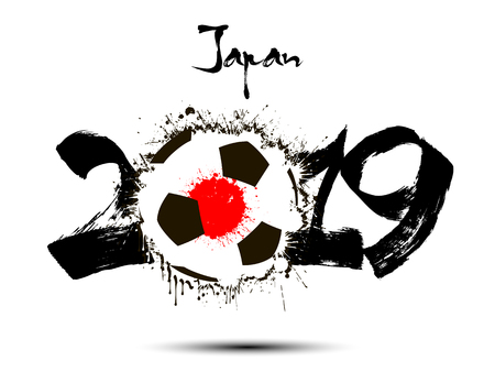 Abstract number 2019 and soccer ball from blots painted in the colors of the Japan flag. 2019 New Year on an isolated background. Vector illustrationのイラスト素材