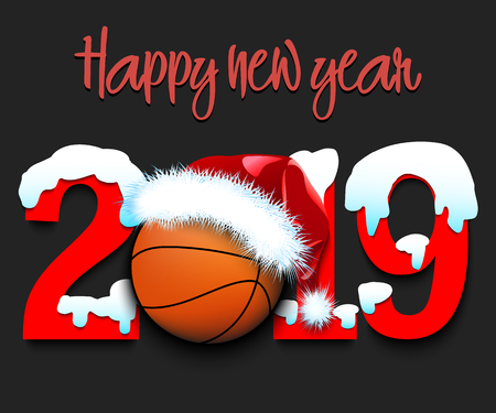 Snowy New Year numbers 2019 and basketball ball in a Christmas hat on an isolated background. Creative design pattern for greeting card, banner, poster, flyer, party invitation. Vector illustrationのイラスト素材