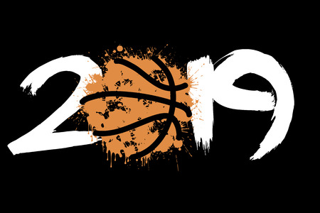Abstract number 2019 and a basketball ball from blots. 2019 New Year on an isolated background. Design pattern for greeting card. Grunge style. Vector illustrationのイラスト素材