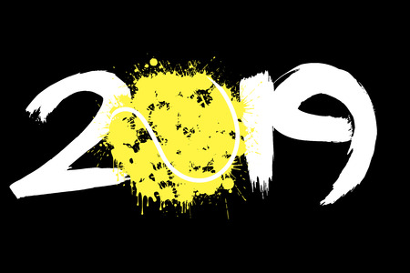 Abstract number 2019 and a tennis ball from blots. 2019 New Year on an isolated background. Design pattern for greeting card. Grunge style. Vector illustrationのイラスト素材