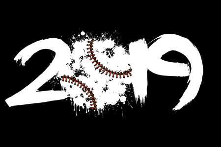 Abstract number 2019 and a baseball ball from blots. 2019 New Year on an isolated white background. Design pattern for greeting card. Grunge style. Vector illustrationのイラスト素材