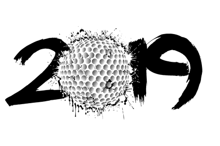 Abstract number 2019 and a golf ball from blots. 2019 New Year on an isolated white background. Design pattern for greeting card. Grunge style. Vector illustrationのイラスト素材