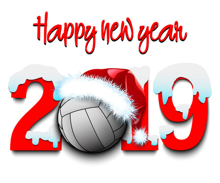 Snowy New Year Numbers 2019 And Volleyball Ball In A Christmas Hat