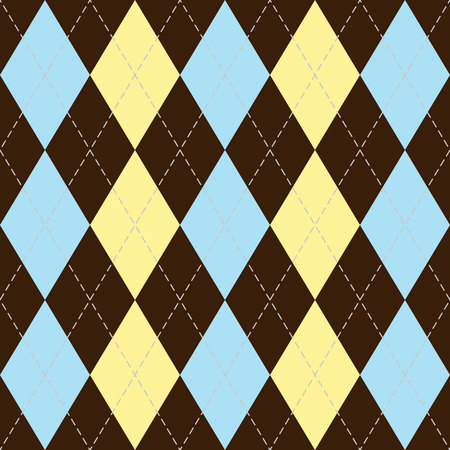 Argyle pattern in brown, blue and yellow rhombuses. Christmas and new year Scottish plaid. Scottish cage. Traditional Scottish background of diamonds. Seamless fabric texture. Vector illustrationのイラスト素材