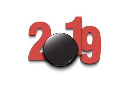 New Year numbers 2019 and hockey puck on an isolated background. Creative design pattern for greeting card, banner, poster, flyer, party invitation, calendar. Vector illustrationのイラスト素材