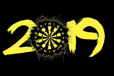 Abstract number 2019 and a dartboard from blots. Darts 2019 New Year on an isolated background. Design pattern for greeting card. Grunge style. Vector illustrationのイラスト素材