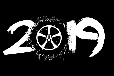 Abstract number 2019 and a wheel auto from blots. 2019 New Year on an isolated background. Design pattern for greeting card. Grunge style. Vector illustrationのイラスト素材