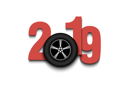 New Year numbers 2019 and wheel auto on an isolated background. Creative design pattern for greeting card, banner, poster, flyer, party invitation, calendar. Vector illustrationのイラスト素材