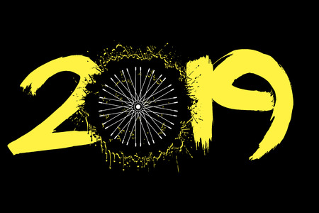 Abstract number 2019 and a bicycle wheel from blots. 2019 New Year on an isolated background. Design pattern for greeting card. Grunge style. Vector illustrationのイラスト素材