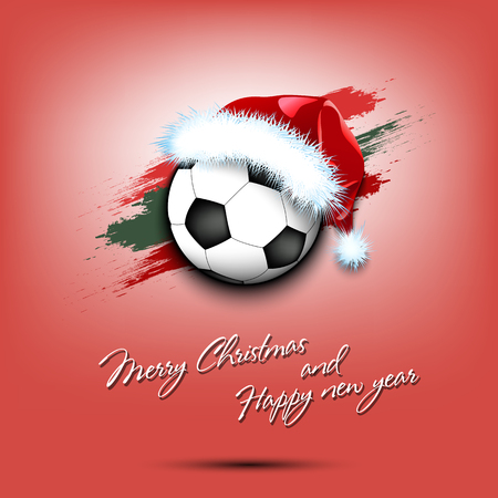 Merry Christmas and Happy new year. New year and soccer ball in santa hat on isolated red background. Design pattern for greeting card. Vector illustrationのイラスト素材