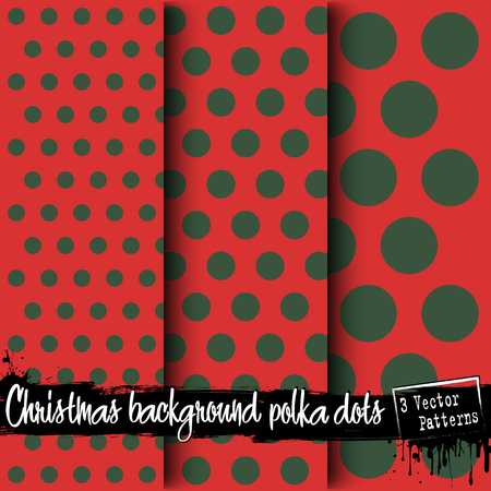 Set of Christmas polka dot backgrounds. Green polka dot texture on red background. 3 vector patterns. Polka dot fabric. Retro background or pattern. Vector illustrationのイラスト素材