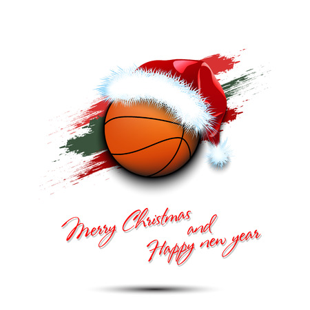 Merry Christmas and Happy new year. New year and basketball ball in santa hat on isolated red background. Design pattern for greeting card. Vector illustrationのイラスト素材