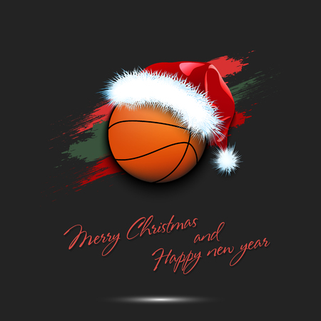 Merry Christmas and Happy new year. New year and basketball ball in santa hat on isolated red background. Design pattern for greeting card. Vector illustrationのイラスト素材