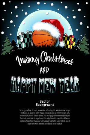 Christmas and new year pattern. Basketball ball in santa hat, gift boxes, firs on the background of the moon and snowflakes. Pattern for banner, poster, greeting card, invitation. Vector illustratioのイラスト素材