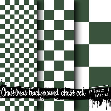 Set of Christmas chess cell backgrounds. Green and white checkered background. 3 vector patterns. Chess pattern. Chess cage. Chess cell fabric. Vector illustrationのイラスト素材