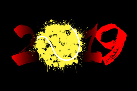 Abstract number 2019 and a tennis ball from blots. 2019 New Year on an isolated white background. Design pattern for greeting card. Grunge style. Vector illustrationのイラスト素材