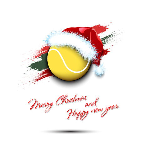 Merry Christmas and Happy new year. New year and tennis ball in santa hat on isolated white background. Design pattern for greeting card. Vector illustrationのイラスト素材