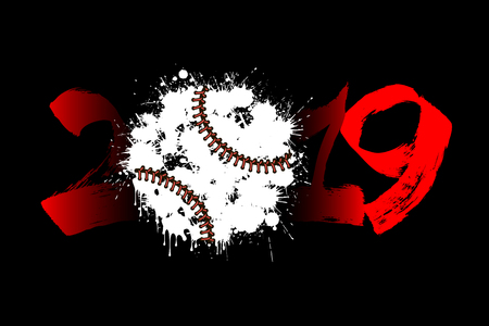 Abstract number 2019 and a baseball ball from blots. 2019 New Year on an isolated white background. Design pattern for greeting card. Grunge style. Vector illustrationのイラスト素材