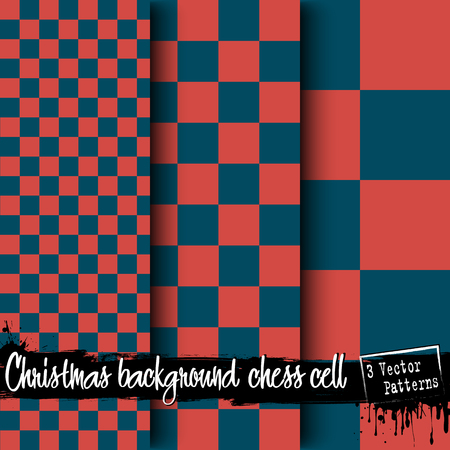 Set of Christmas chess cell backgrounds. Red and blue checkered background. 3 vector patterns. Chess pattern. Chess cage. Chess cell fabric. Vector illustrationのイラスト素材