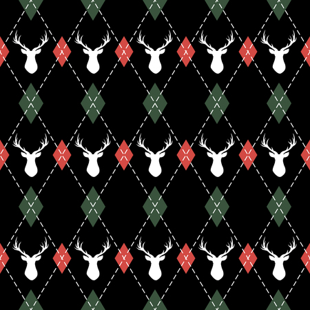 Christmas and new year pattern argyle with deers. Plaid in green, red rhombuses and deers. Scottish cage. Christmas background with diamonds and deers. Seamless fabric texture. Vector illustrationのイラスト素材