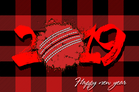Abstract number 2019 and a cricket ball from blots. 2019 New Year on the background of the Scottish pattern tartan. Design pattern for greeting card. Grunge style. Vector illustrationのイラスト素材