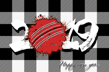 Abstract number 2019 and a cricket ball from blots. 2019 New Year on the background of the Scottish pattern tartan. Design pattern for greeting card. Grunge style. Vector illustrationのイラスト素材