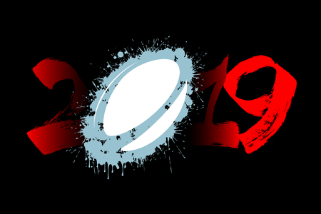 Abstract number 2019 and a rugby ball from blots. 2019 New Year on an isolated white background. Design pattern for greeting card. Grunge style. Vector illustrationのイラスト素材