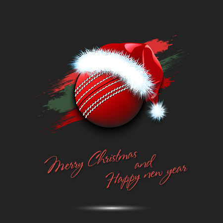 Merry Christmas and Happy new year. New year and cricket ball in santa hat on isolated black background. Design pattern for greeting card. Vector illustrationのイラスト素材