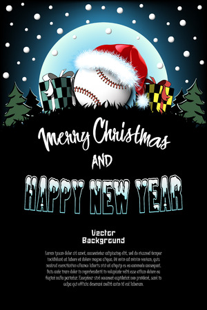 Christmas and new year pattern. Baseball ball in santa hat, gift boxes, firs on the background of the moon and snowflakes. Pattern for banner, poster, greeting card, invitation. Vector illustrationのイラスト素材