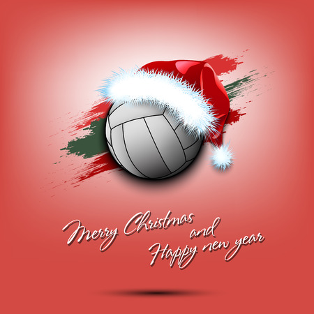 Merry Christmas and Happy new year. New year and volleyball ball in santa hat on isolated red background. Design pattern for greeting card. Vector illustrationのイラスト素材