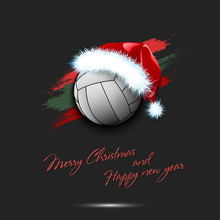 Merry Christmas and Happy new year. New year and volleyball ball in santa hat on isolated red background. Design pattern for greeting card. Vector illustrationのイラスト素材