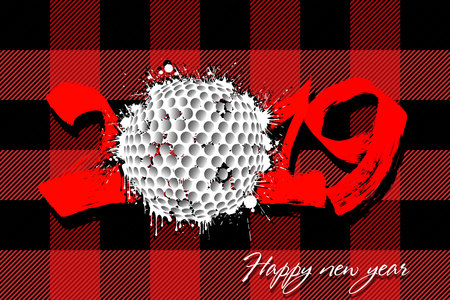 Abstract number 2019 and a golf ball from blots. 2019 New Year on the background of the Scottish pattern tartan. Design pattern for greeting card. Grunge style. Vector illustrationのイラスト素材