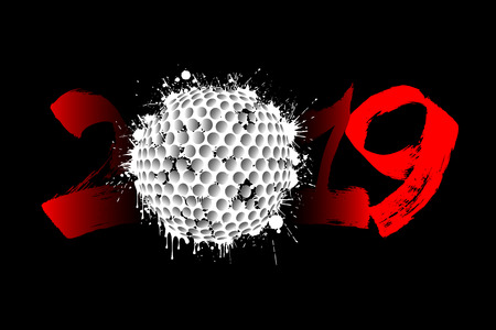 Abstract number 2019 and a golf ball from blots. 2019 New Year on an isolated white background. Design pattern for greeting card. Grunge style. Vector illustrationのイラスト素材