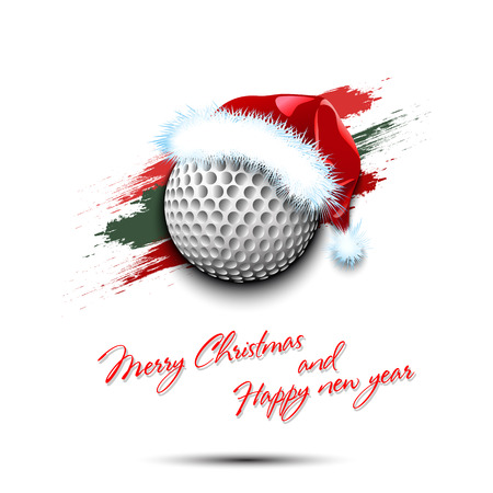 Merry Christmas and Happy new year. New year and volleyball ball in santa hat on isolated white background. Design pattern for greeting card. Vector illustrationのイラスト素材