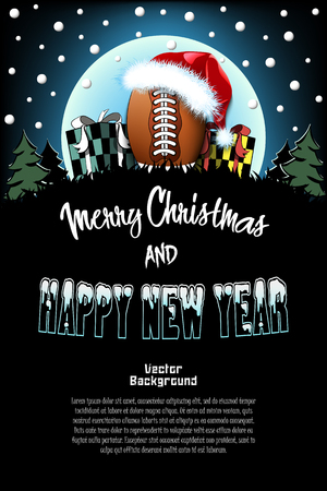 Christmas and new year pattern. Football ball in santa hat, gift boxes, firs on the background of the moon and snowflakes. Pattern for banner, poster, greeting card, invitation. Vector illustrationのイラスト素材