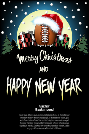 Christmas and new year pattern. Football ball in santa hat, gift boxes, firs on the background of the moon and snowflakes. Pattern for banner, poster, greeting card, invitation. Vector illustrationのイラスト素材