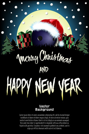 Christmas and new year pattern. Bowling ball in santa hat, gift boxes, firs on the background of the moon and snowflakes. Pattern for banner, poster, greeting card, invitation. Vector illustrationのイラスト素材