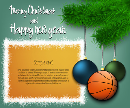 Merry Christmas and Happy new year. Basketball ball as a Christmas decorations hanging on a Christmas tree branch. Christmas decorations. Frame for text. Vector illustrationのイラスト素材