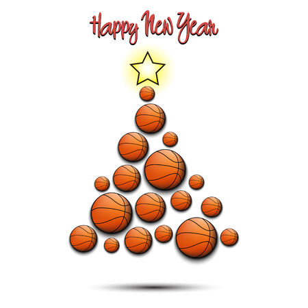 Happy new year. Christmas tree from basketball balls. Basketball themed Christmas tree. Pattern for banner, poster, greeting card, party invitation. Vector illustrationのイラスト素材