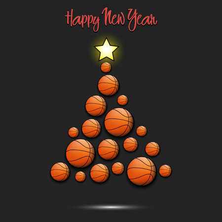 Happy new year. Christmas tree from basketball balls. Basketball themed Christmas tree. Pattern for banner, poster, greeting card, party invitation. Vector illustrationのイラスト素材