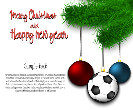 Merry Christmas and Happy new year. Soccer ball as a Christmas decorations hanging on a Christmas tree branch. Christmas decorations. Frame for text. Vector illustrationのイラスト素材