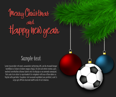 Merry Christmas and Happy new year. Soccer ball as a Christmas decorations hanging on a Christmas tree branch. Christmas decorations. Frame for text. Vector illustrationのイラスト素材