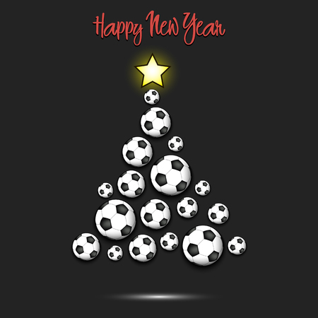 Happy new year. Christmas tree from soccer balls. Football themed Christmas tree. Pattern for banner, poster, greeting card, party invitation. Vector illustrationのイラスト素材
