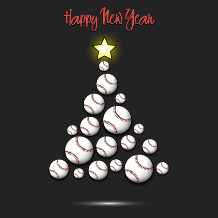 Happy new year. Christmas tree from baseball balls. Baseball themed Christmas tree. Pattern for banner, poster, greeting card, party invitation. Vector illustrationのイラスト素材