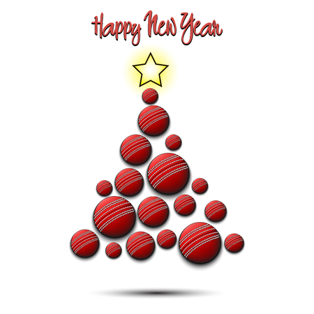 Happy new year. Christmas tree from cricket balls. Cricket themed Christmas tree. Pattern for banner, poster, greeting card, party invitation. Vector illustrationのイラスト素材