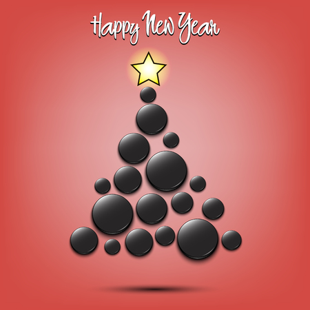 Happy new year. Christmas tree from hockey pucks. Volleyball themed Christmas tree. Pattern for banner, poster, greeting card, party invitation. Vector illustrationのイラスト素材