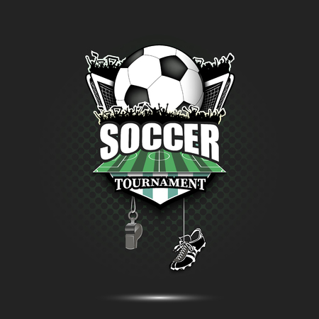 Soccer logo design template. Football emblem pattern. Soccer ball, gate, fans, field, shield, whistle and football boots on background with bubbles. Vector illustrationのイラスト素材