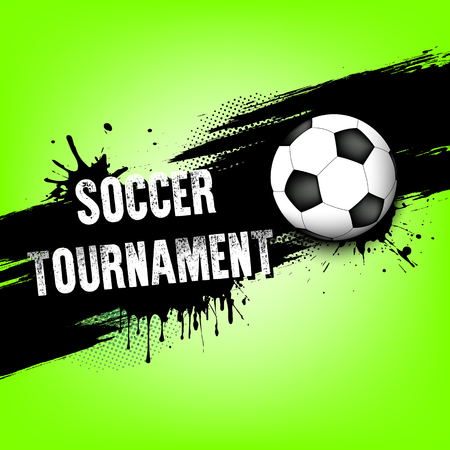 Soccer tournament. Hand drawn grunge banner with soccer ball. White background with splashes of watercolor ink and blots. Vector illustrationのイラスト素材
