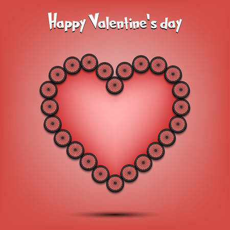 Happy Valentines Day. Bicycle wheel laid out in the shape of the heart on isolated background. Design pattern for greeting card, banner, poster, flyer,  invitation party. Vector illustrationのイラスト素材