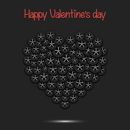 Happy Valentines Day. Heart from the car wheels on isolated background. Design pattern for greeting card, banner, poster, flyer,  invitation party. Vector illustrationのイラスト素材